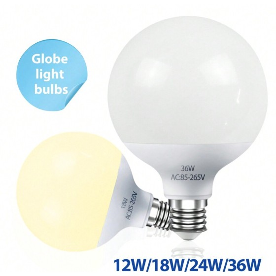 1 包 LED 球形灯泡，12/18/24/36W 梳妆台灯泡，日光 6000K/暖白 3000K，E27 底座，不可调光卧室化妆镜灯，LED 浴室灯