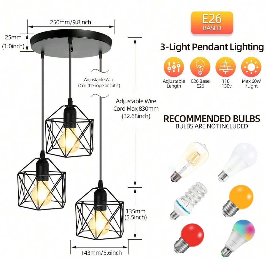 CANMEIJIA 复古风格 3 头钻石吊灯,黑色,E26/E27 灯泡长条/圆盘吊灯,可调节长度,适用于家庭、房间、展览、阅读、餐厅、酒吧、卧室、咖啡店、厨房岛