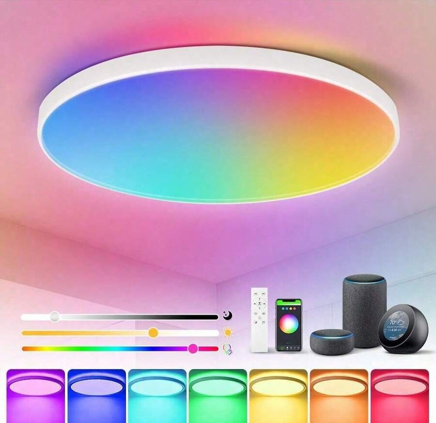 蓝牙智能吸顶灯,RGB 调光,Alexa 语音控制,装饰性天花板面板灯,大尺寸面板,220V 遥控 LED 吸顶灯,1 件/2 件套装,3 色可调/RGB 可调,适用于卧室/厨房/客厅/儿童房/入口/衣柜/车库/走廊/娱乐室/电脑室/门厅/更衣室/出租屋/小房间/流媒体室,根据使用需求选择合适的尺寸