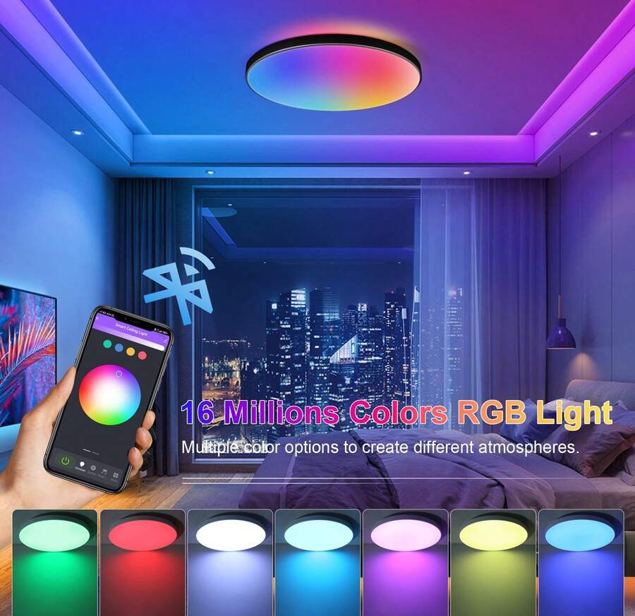 蓝牙智能吸顶灯,RGB 调光,Alexa 语音控制,装饰性天花板面板灯,大尺寸面板,220V 遥控 LED 吸顶灯,1 件/2 件套装,3 色可调/RGB 可调,适用于卧室/厨房/客厅/儿童房/入口/衣柜/车库/走廊/娱乐室/电脑室/门厅/更衣室/出租屋/小房间/流媒体室,根据使用需求选择合适的尺寸