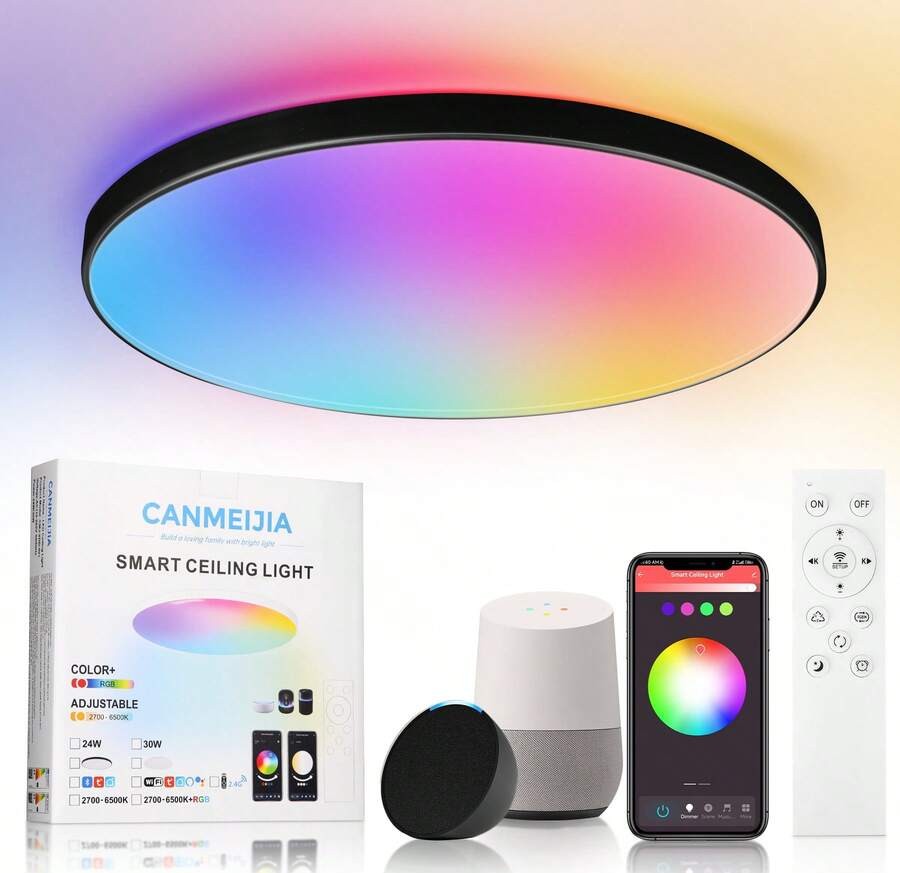 蓝牙智能吸顶灯,RGB 调光,Alexa 语音控制,装饰性天花板面板灯,大尺寸面板,220V 遥控 LED 吸顶灯,1 件/2 件套装,3 色可调/RGB 可调,适用于卧室/厨房/客厅/儿童房/入口/衣柜/车库/走廊/娱乐室/电脑室/门厅/更衣室/出租屋/小房间/流媒体室,根据使用需求选择合适的尺寸