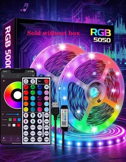 1件裝 5050 RGB 變色智能 LED 燈條，App 控制 44 鍵遙控音樂同步，臥室廚房電視家居裝飾燈，節日派對聖誕裝飾
