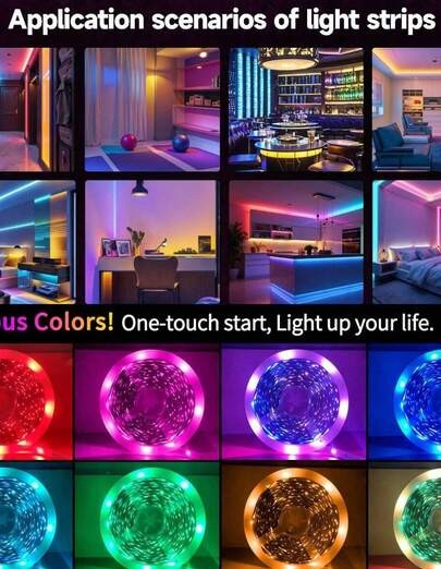 1件裝 5050 RGB 變色智能 LED 燈條，App 控制 44 鍵遙控音樂同步，臥室廚房電視家居裝飾燈，節日派對聖誕裝飾