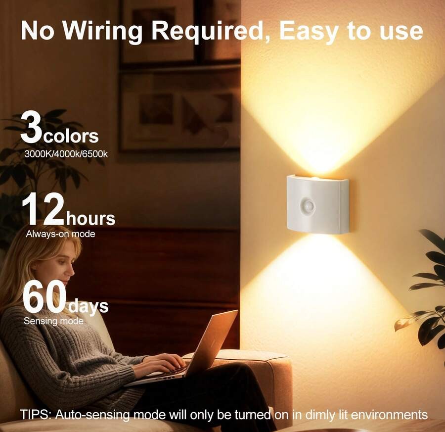 LED感應壁燈 無線裝飾壁燈 護眼LED壁燈 電池供電小夜燈 適用於走廊、浴室、臥室、廚房、居家裝飾、客廳裝飾