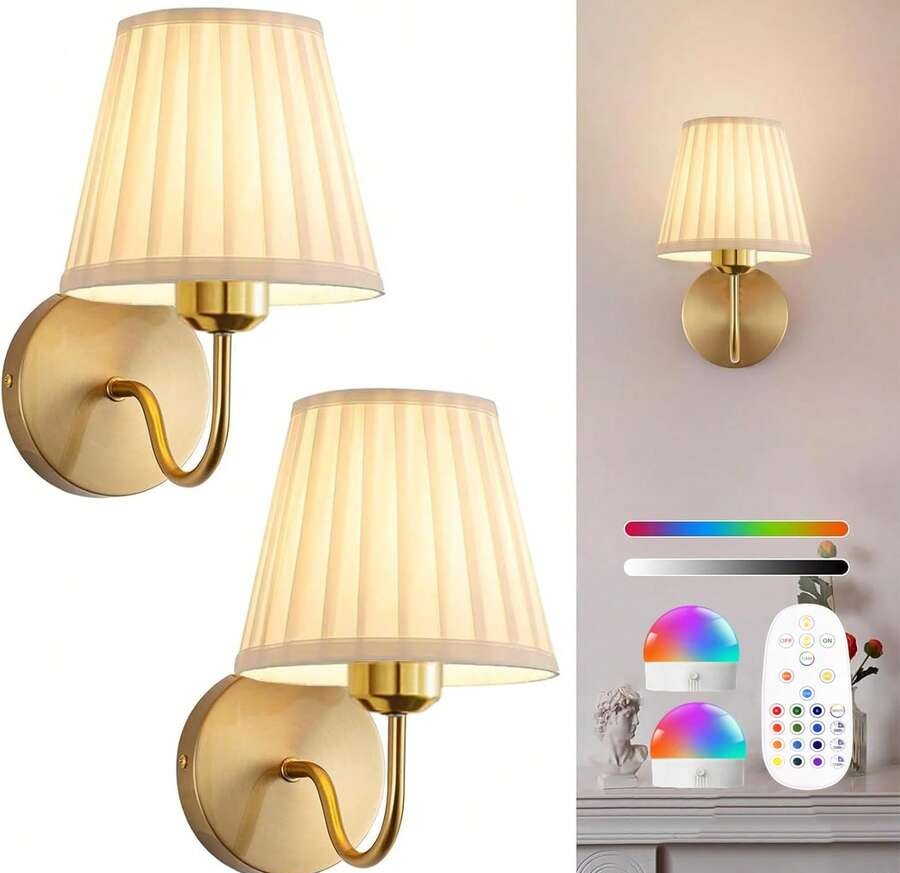 電池供電壁燈,無線充電遙控壁燈,可調光,15色RGB,定時功能,適用於客廳、臥室、玄關,金色,美學居家風
