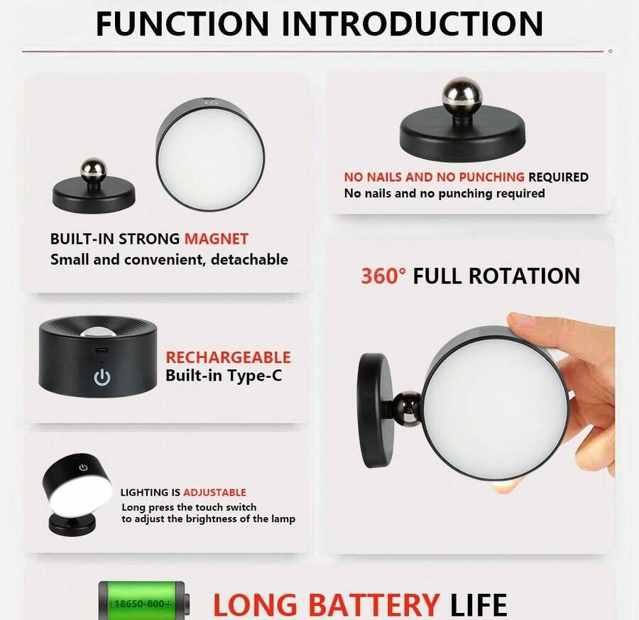 可充电双灯 LED 壁灯 - 360° 可旋转、可调光，带 USB 端口和磁性支架，适用于阅读和家居装饰、电池供电、小夜灯、家用照明