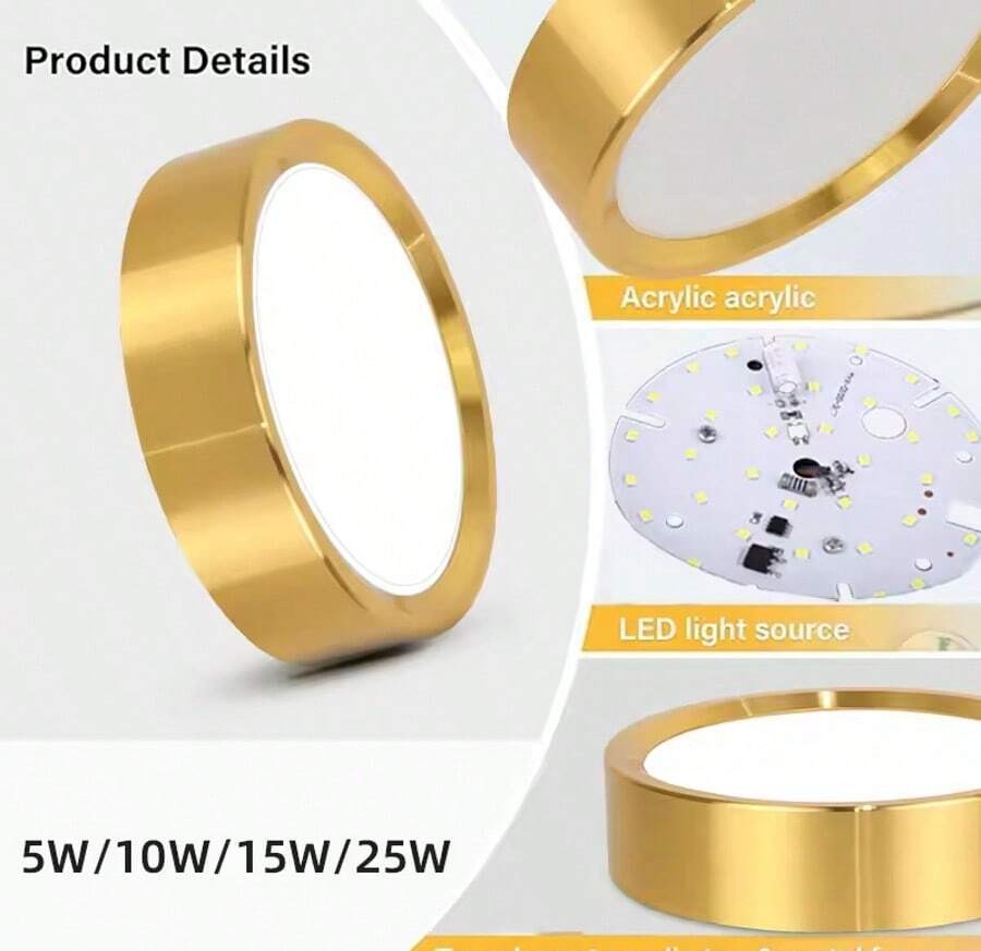 1 件金色嵌入式筒灯，现代 LED 吸顶灯，客厅/卧室吸顶灯，金色圆形 LED 面板灯，5W/10W/15W/25W，冷白/中性白/暖白，AC185-265V，易于安装，适用于卧室、客厅、厨房、走廊、楼梯、地下室、车库、酒吧、商场、书房、陈列室