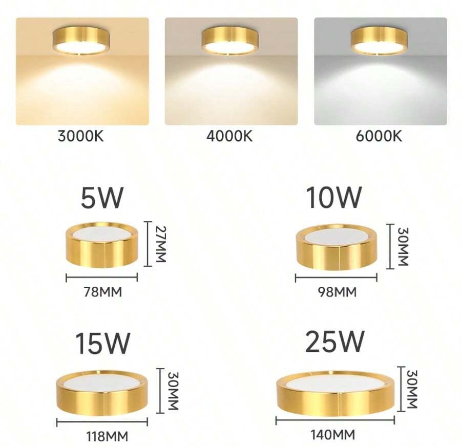 1 件金色嵌入式筒灯，现代 LED 吸顶灯，客厅/卧室吸顶灯，金色圆形 LED 面板灯，5W/10W/15W/25W，冷白/中性白/暖白，AC185-265V，易于安装，适用于卧室、客厅、厨房、走廊、楼梯、地下室、车库、酒吧、商场、书房、陈列室
