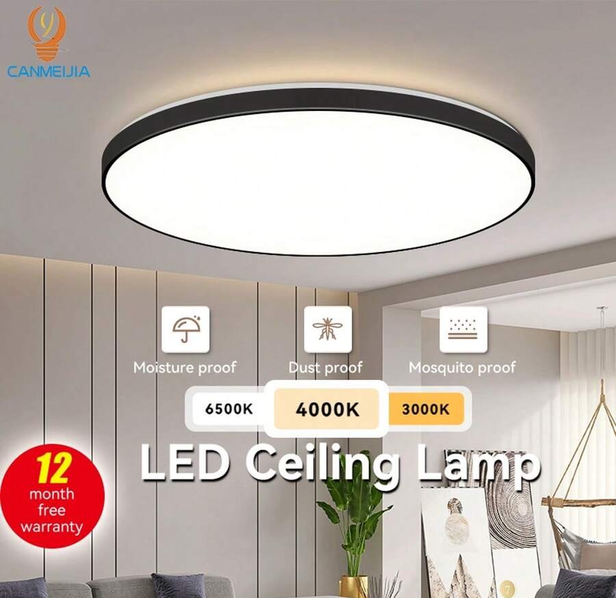 CANMEIJIA LED 吸顶灯、吊灯面板、浴室灯、亮色房间照明、简约风格黑色框架、家居装饰照明灯具、易于安装、220V,适用于办公室/浴室/卧室/客厅/书房/衣柜/厨房/走廊/入口/阳台/楼梯/小房间/出租单位。根据您的使用需求选择合适的尺寸。