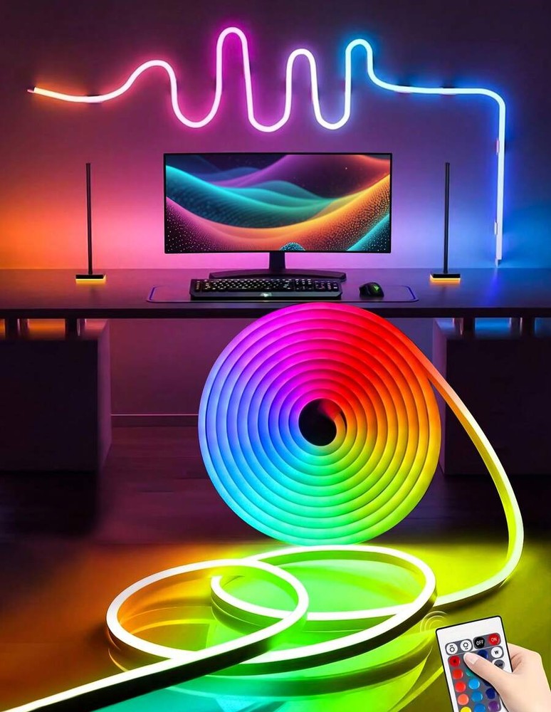 1/2/3/4/5/8/10m 柔性 RGB LED 霓虹燈條,附遙控調光,5V-USB 供電,適用於萬聖節與派對裝飾、廚房氛圍、電視背景照明、直播化妝鏡、浴室鏡補光燈條