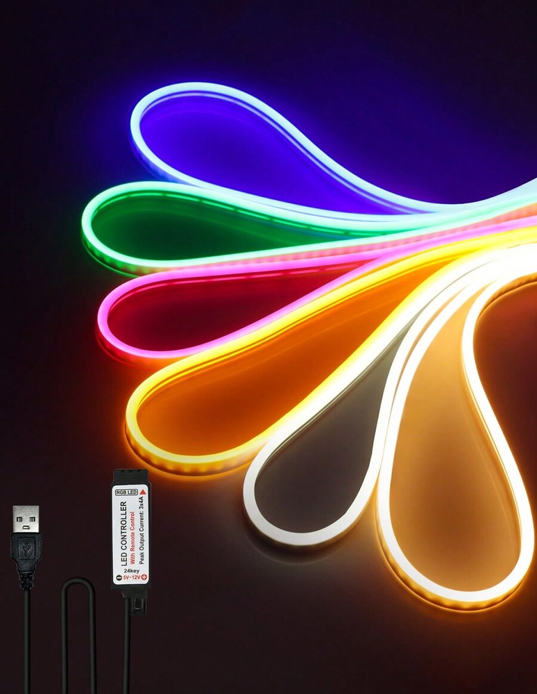 1/2/3/4/5/8/10m 柔性 RGB LED 霓虹燈條,附遙控調光,5V-USB 供電,適用於萬聖節與派對裝飾、廚房氛圍、電視背景照明、直播化妝鏡、浴室鏡補光燈條