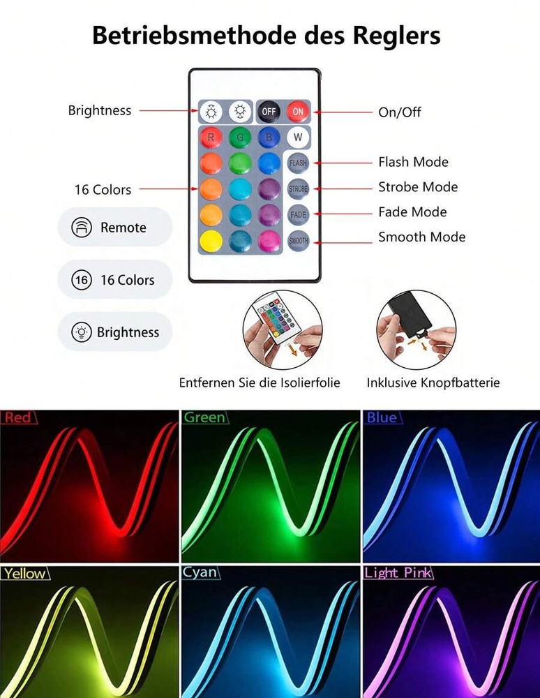 1/2/3/4/5/8/10m 柔性 RGB LED 霓虹燈條,附遙控調光,5V-USB 供電,適用於萬聖節與派對裝飾、廚房氛圍、電視背景照明、直播化妝鏡、浴室鏡補光燈條