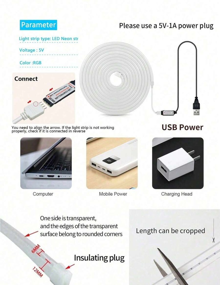 1/2/3/4/5/8/10m 柔性 RGB LED 霓虹燈條,附遙控調光,5V-USB 供電,適用於萬聖節與派對裝飾、廚房氛圍、電視背景照明、直播化妝鏡、浴室鏡補光燈條