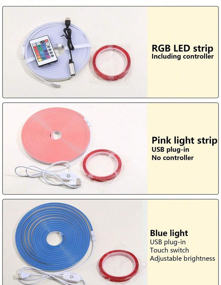 1/2/3/4/5/8/10m 柔性 RGB LED 霓虹燈條,附遙控調光,5V-USB 供電,適用於萬聖節與派對裝飾、廚房氛圍、電視背景照明、直播化妝鏡、浴室鏡補光燈條