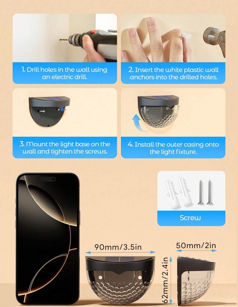 Teckwe 4件組太陽能圍欄燈、甲板燈、太陽能壁燈 600mAh,太陽能懸掛式戶外圍欄燈,白色 LED 燈,適用於花園、居家、露台、庭院、車庫、露營、萬聖節、聖誕派對裝飾