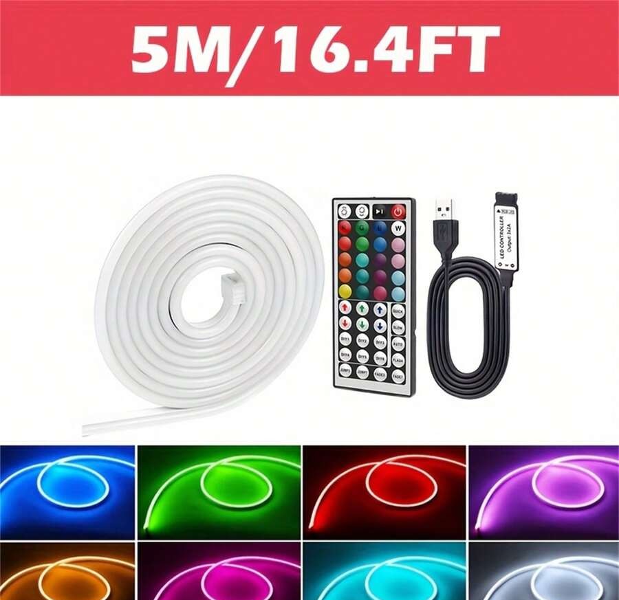 鮮豔 RGB LED 霓虹燈條 - 44 鍵遙控器、可彎曲、USB 供電、可變色氛圍燈,適用於臥室與戶外裝飾,安裝簡單、節能耐用,房間裝飾用品、家居裝飾品、臥室裝飾、生日