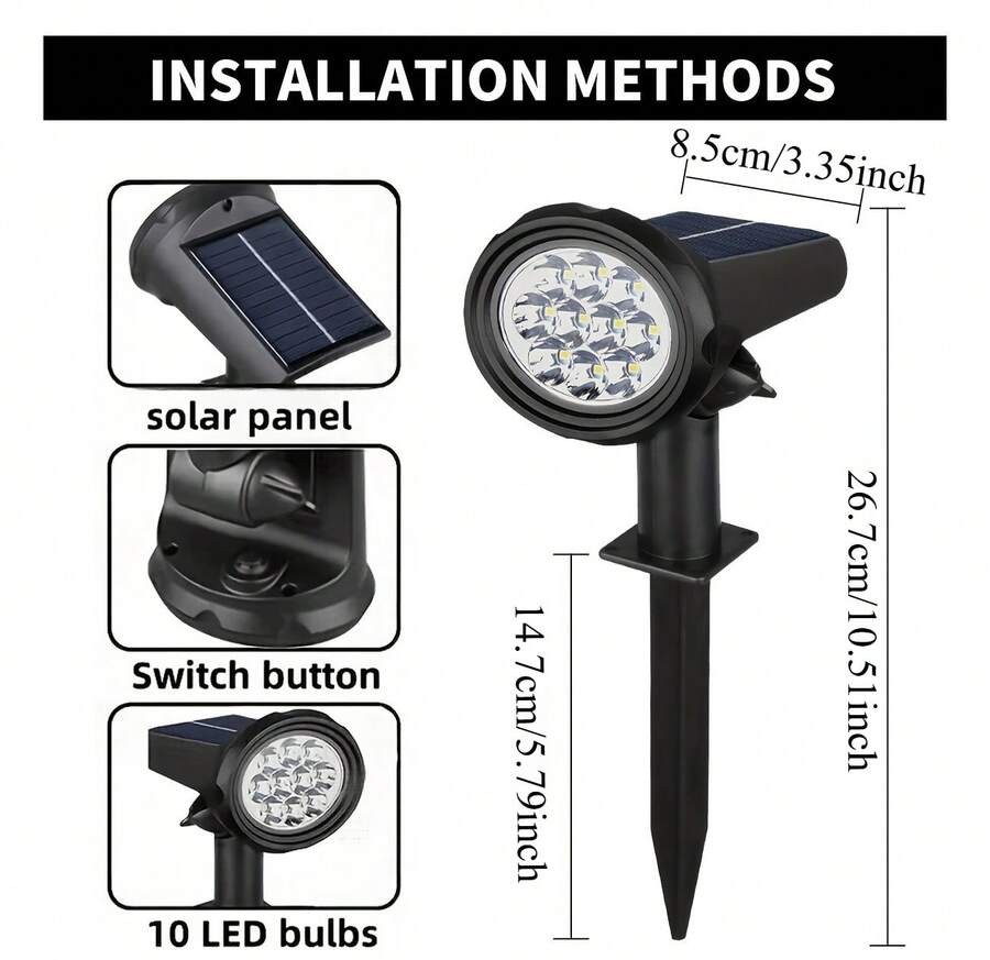 1/2件組太陽能戶外燈,附光感器,10 LED 白光/暖光/彩色光,嵌入式小徑草坪燈,多功能可拆卸壁燈,3種照明模式,戶外花園裝飾太陽能園藝燈,內建可充電電池太陽能板充電,適合庭院、小徑、花園、露營、露台