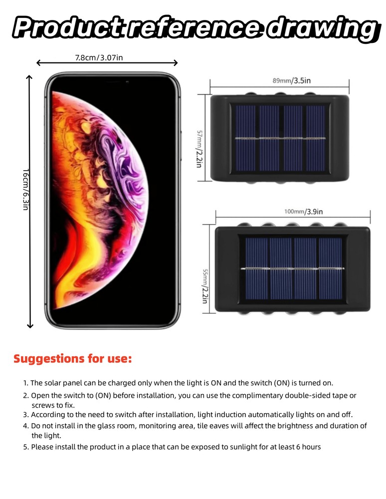 1个/2个/6个户外太阳能壁灯 8LED/10LED(白光,暖光) 家用户外照明灯具 太阳能透镜上下照明壁灯 适用于墙壁、柱子、停车场、车库、花园等。