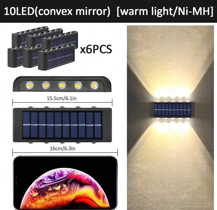 1个/2个/6个户外太阳能壁灯 8LED/10LED(白光,暖光) 家用户外照明灯具 太阳能透镜上下照明壁灯 适用于墙壁、柱子、停车场、车库、花园等。