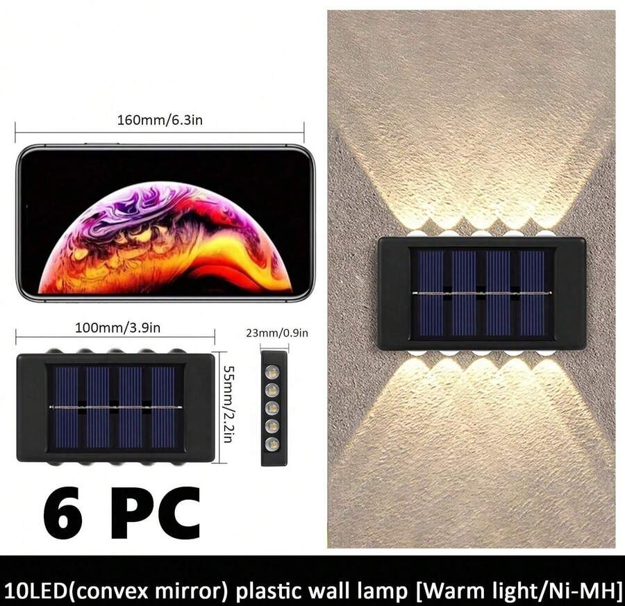 1个/2个/6个户外太阳能壁灯 8LED/10LED(白光,暖光) 家用户外照明灯具 太阳能透镜上下照明壁灯 适用于墙壁、柱子、停车场、车库、花园等。