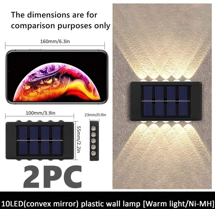 1个/2个/6个户外太阳能壁灯 8LED/10LED(白光,暖光) 家用户外照明灯具 太阳能透镜上下照明壁灯 适用于墙壁、柱子、停车场、车库、花园等。