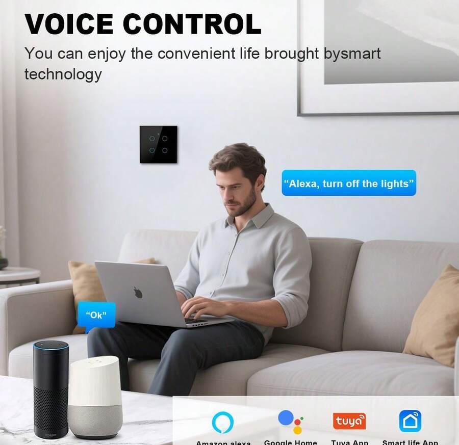 智能开关 EU WiFi - 带零线和不带零线两种版本 - 触摸式灯开关 400W 1/2/3/4 位 AC 220-240V - 可与 Alexa 和 Smart Life App 配合使用,实现语音控制 - 安装简便