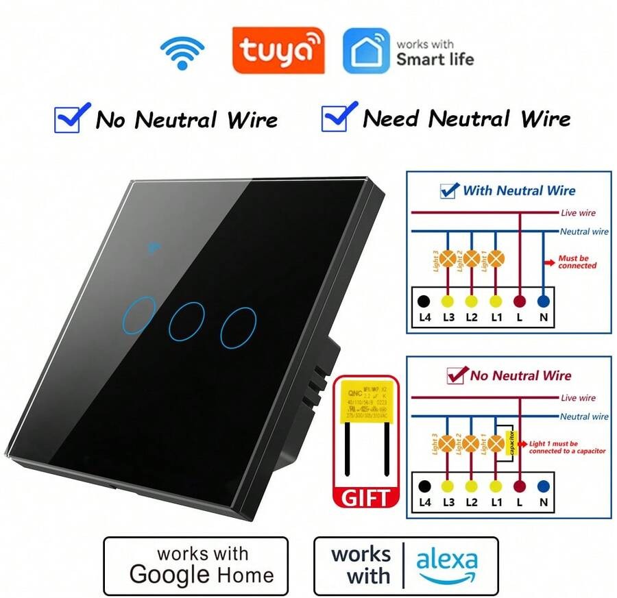 智能开关 EU WiFi - 带零线和不带零线两种版本 - 触摸式灯开关 400W 1/2/3/4 位 AC 220-240V - 可与 Alexa 和 Smart Life App 配合使用,实现语音控制 - 安装简便