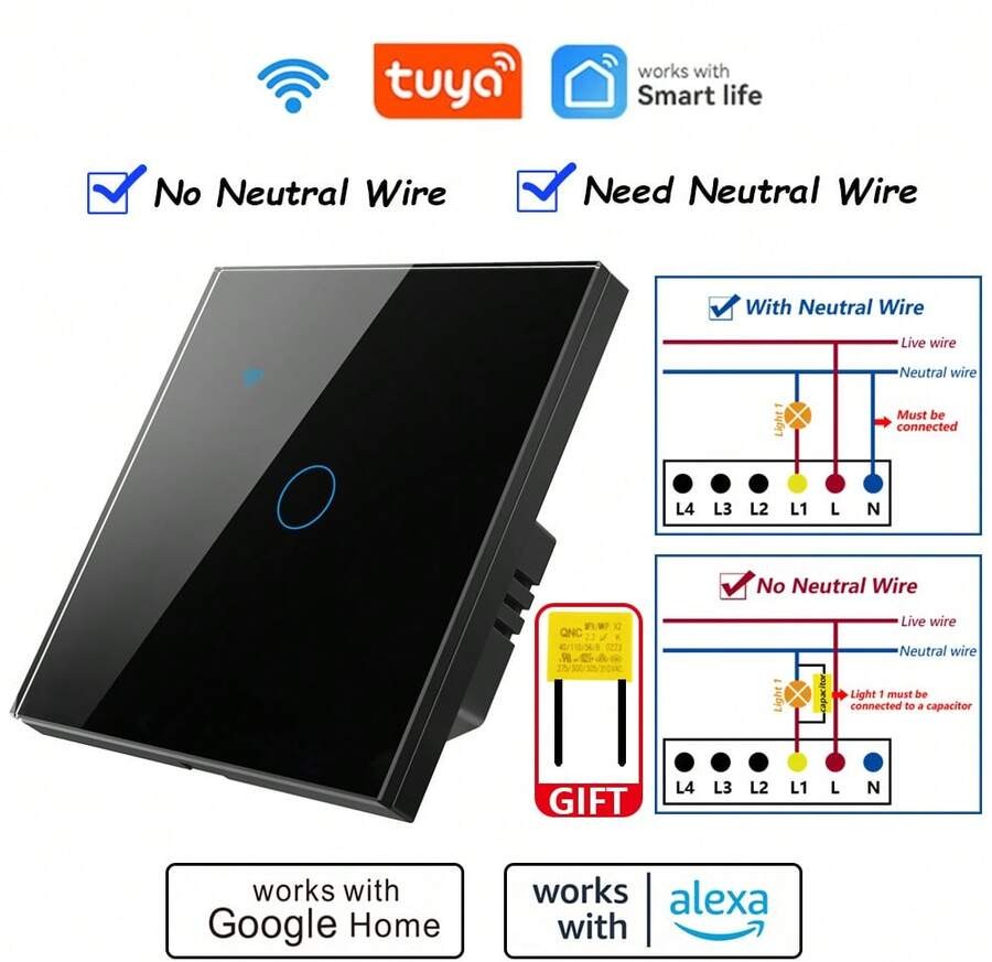 智能开关 EU WiFi - 带零线和不带零线两种版本 - 触摸式灯开关 400W 1/2/3/4 位 AC 220-240V - 可与 Alexa 和 Smart Life App 配合使用,实现语音控制 - 安装简便