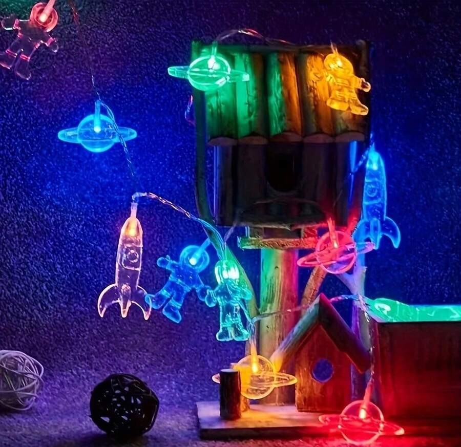 1个宇航员火箭星球串灯,电池供电,多色太空主题灯饰,适合儿童房装饰、派对、生日、家居、卧室、婴儿派对、家居装饰、礼物