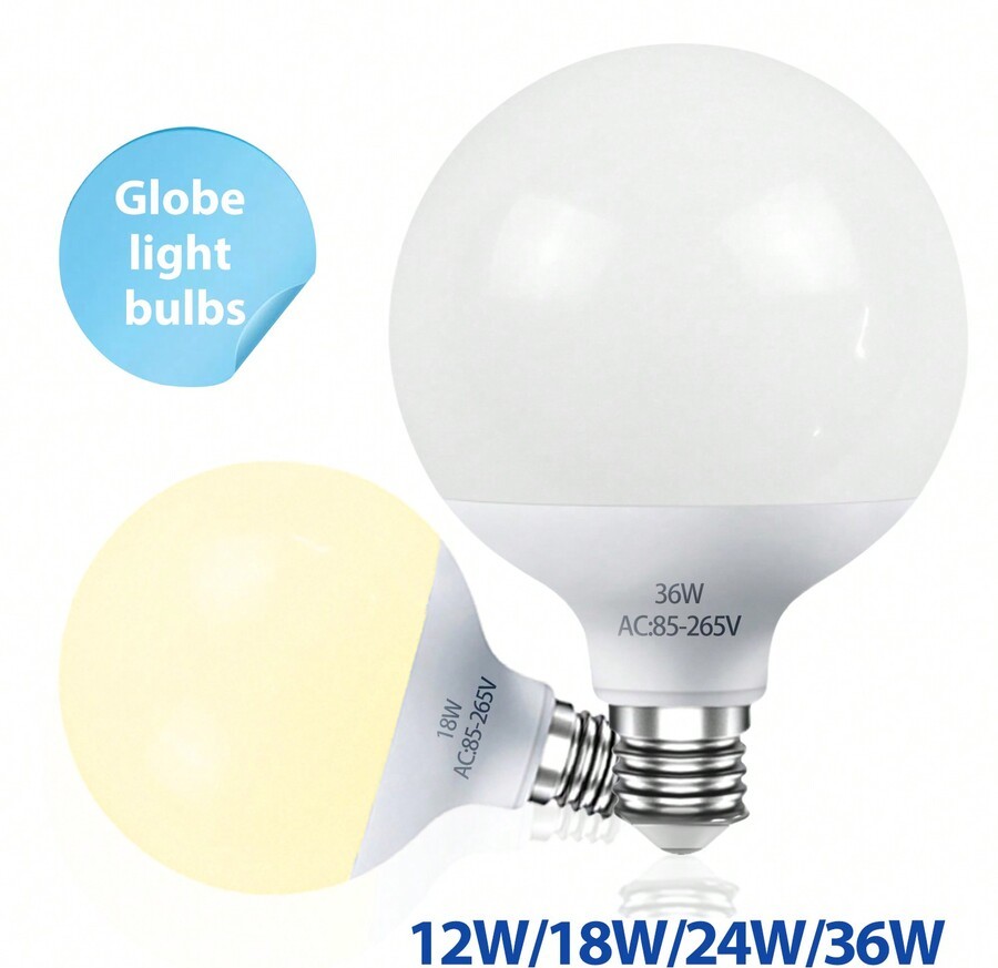 1 包 LED 球形灯泡,12/18/24/36W 梳妆台灯泡,日光 6000K/暖白 3000K,E27 底座,不可调光卧室化妆镜灯,LED 浴室灯