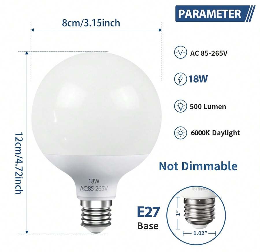 1 包 LED 球形灯泡,12/18/24/36W 梳妆台灯泡,日光 6000K/暖白 3000K,E27 底座,不可调光卧室化妆镜灯,LED 浴室灯