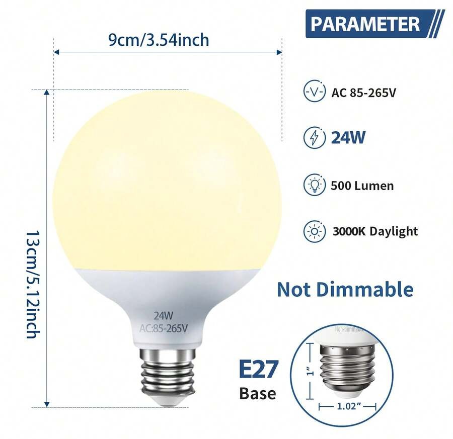 1 包 LED 球形灯泡,12/18/24/36W 梳妆台灯泡,日光 6000K/暖白 3000K,E27 底座,不可调光卧室化妆镜灯,LED 浴室灯
