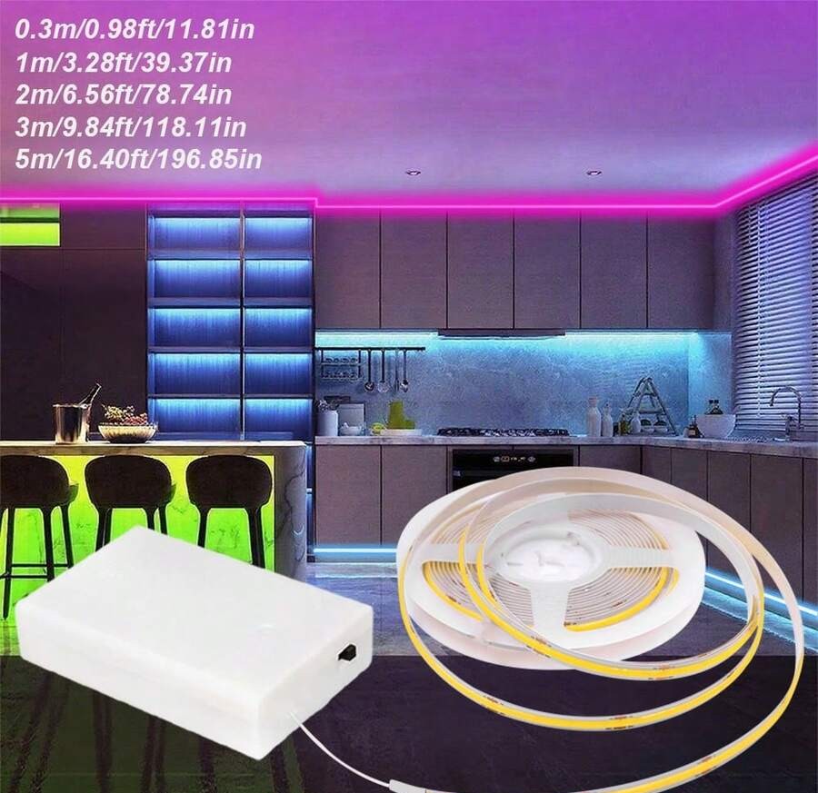 LQHZMYY 1件/2件裝電池供電COB燈條,透明與乳白色電池盒可選,5V電壓,多餘長度可裁剪不影響使用,自黏背膠易安裝,三色光可選,柔軟材質可撓曲設計,適用於居家、派對、婚禮、室內裝飾照明、活動氛圍燈光,高亮度COB燈,萬聖節、聖誕節及其他節日裝飾燈條